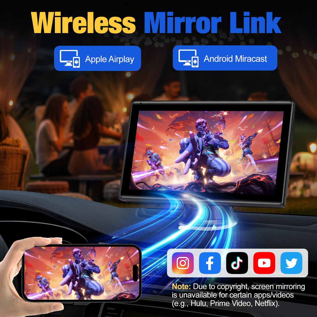 Carplay Screen for Car, 7 inch Wireless Carplay & Android Auto（Black） | Portable Touchscreen car play with Mirror Link，Bluetooth，Voice Control，Map Navigation，FM Transmit，Plug-and-Play car stereo