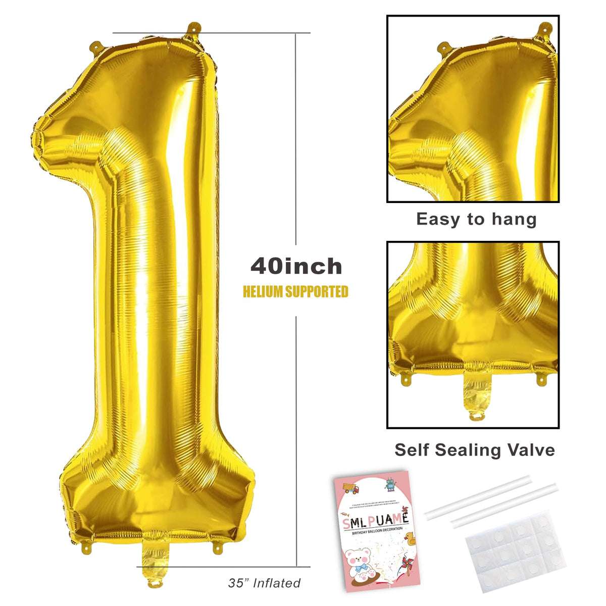 Smlpuame 40 Inch Gold Number 1 Balloon, 1st Birthday Decoration Boys Girls | Large Self Inflating Number Balloons, Mylar Foil Helium Balloon for Women Men Party Anniversary Supplies Reusable