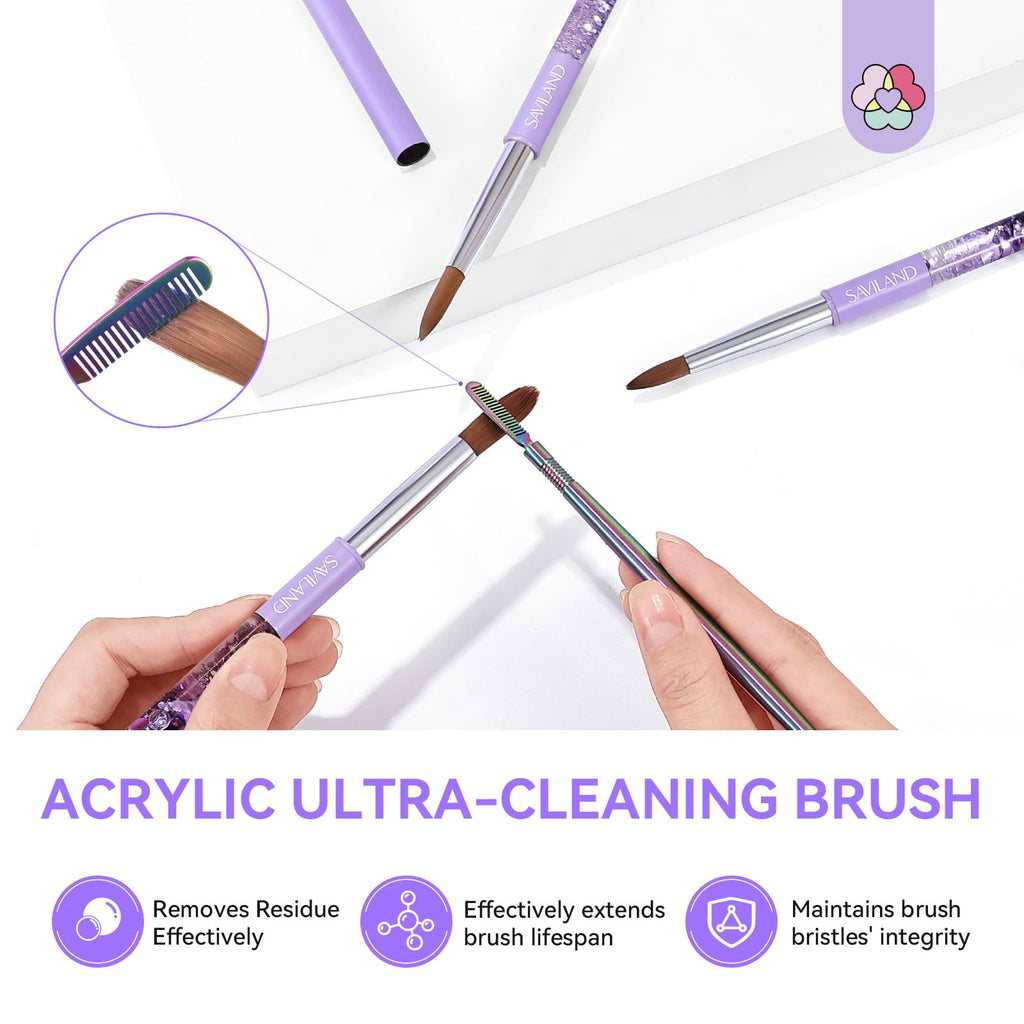SAVILAND Kolinsky Acrylic Nail Brush Size 6,10,14 with Brush Cleaner Purple | Professional Nail Brushes, Cleaner Manicure Tool, Acrylic Brush Acrylic Powder, Nails Extension 3D Carving for Nail Art DIY