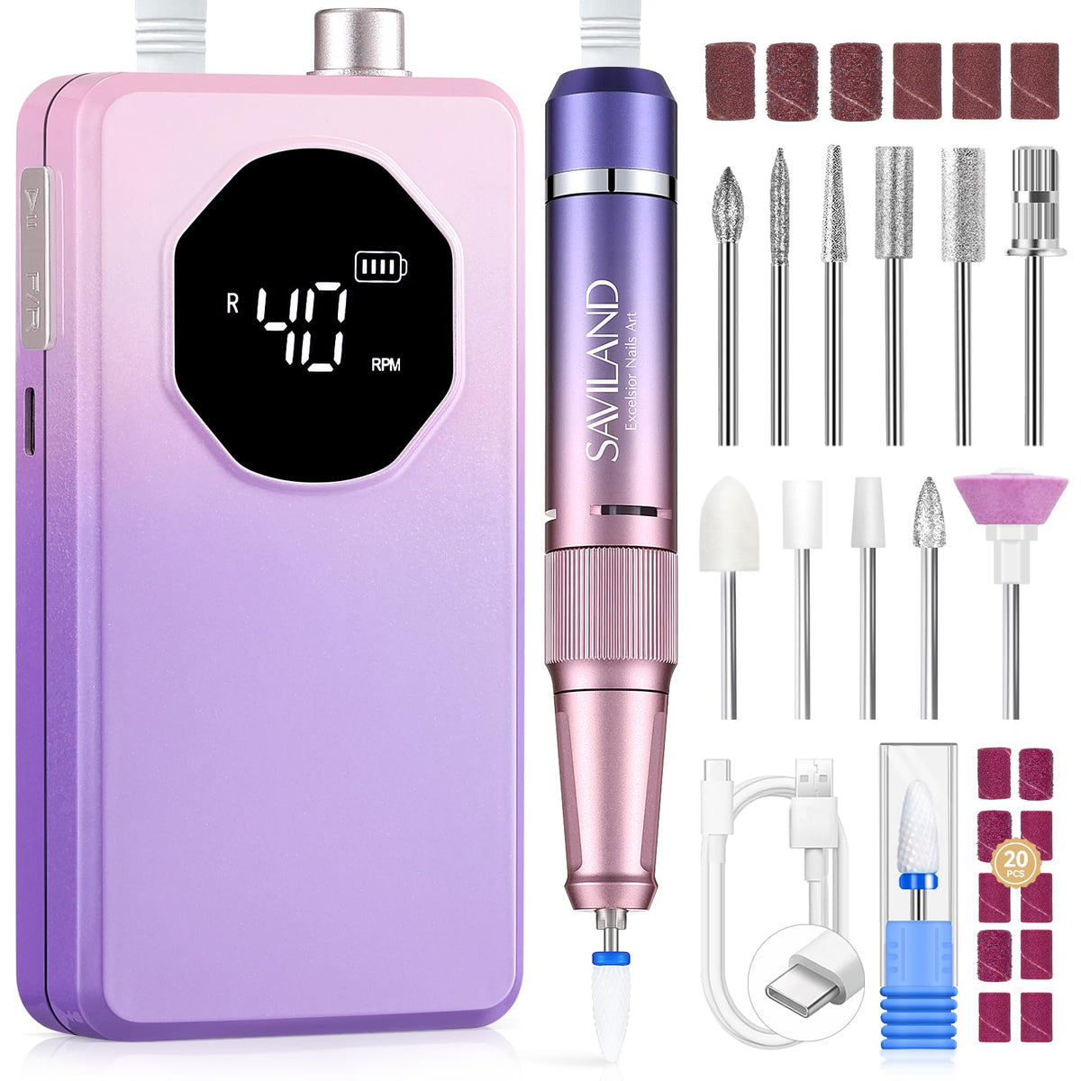SAVILAND Nail Drill Professional 40000RPM 30S Fast Removal for Acrylic Nail | Low noise running, 4000mAh battery Long-Lasting, Complete drill bit set, Salon&mobile tech use, LCD display, Gradient Purple