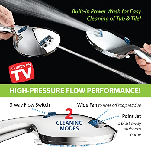AquaCare 8-mode High Pressure Handheld Shower Head with 2-mode Power Wash | Stay Clean Nozzles, Dual Power Wash for Tub, Tile & Pets, Long 6 ft. Stainless Steel Hose, Wall & Overhead Brackets / Chrome