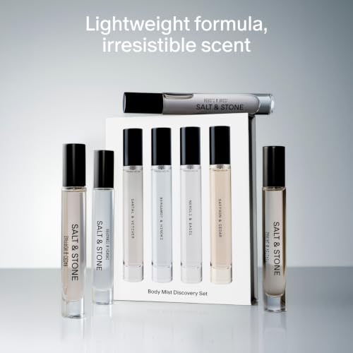 Salt & Stone Body Mist Discovery Set, 4 Mini Fragrance Sprays, 0.34 oz Each | Lightweight Mist, Mini Sampler Set for Gifting & Travel, Gender Neutral Fragrance, Glycerin & Red Algae, Vegan, Paraben-Free