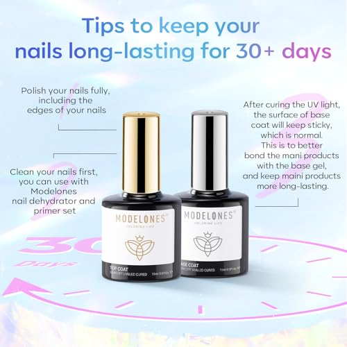 modelones Gel Top Base Coat Set 15ml 2026 Upgrade No Wipe Super Shine | Clear Glossy Gel Polish Acid Free Shiny for Press Ons Acrylic Gel Nail Art Soak Off U V Lamp Cure DIY Home Salon Manicure