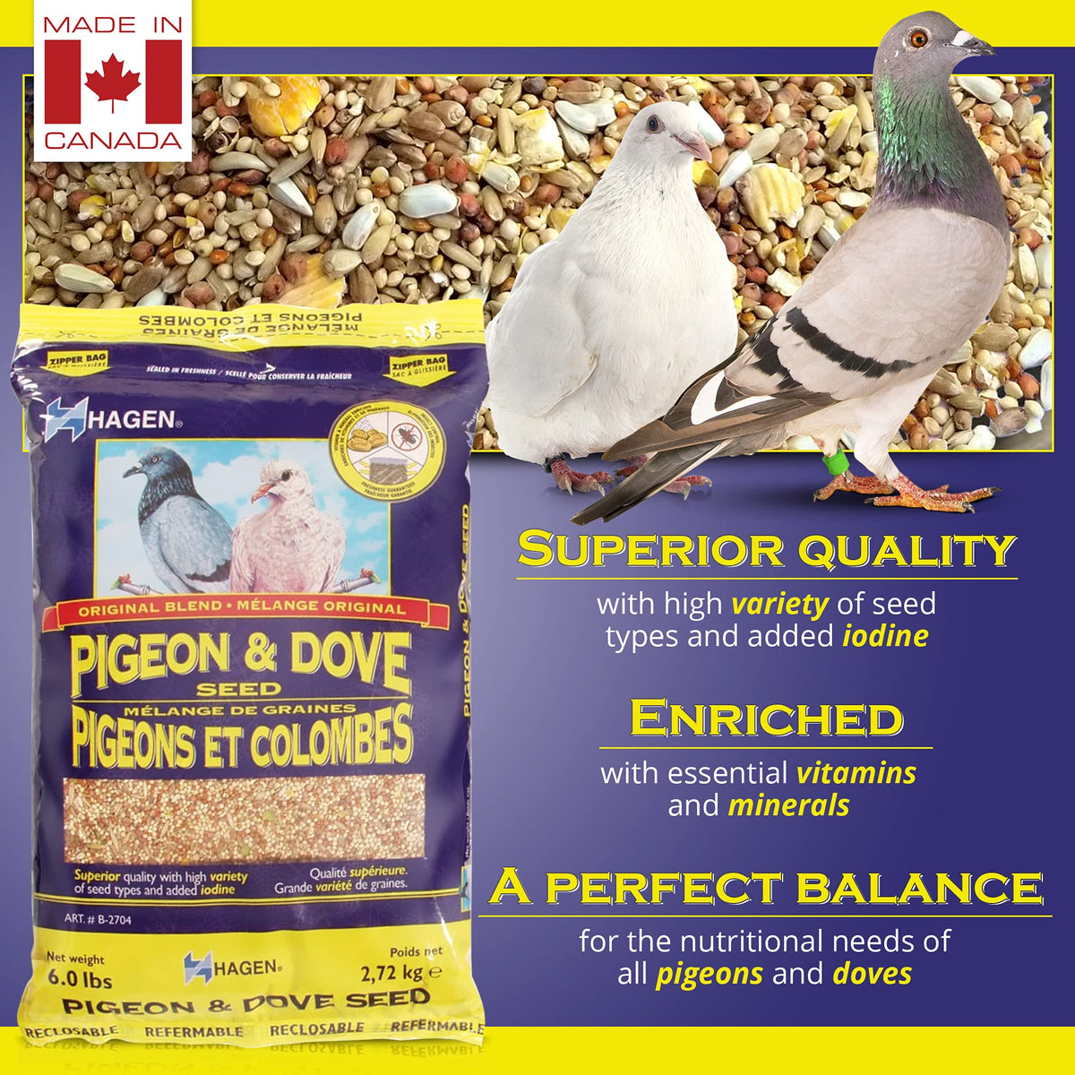 Hagen Pigeon & Dove Seed, Original Formula Bird Food, 6 lb Bag | Nutritionally Complete Seed Mix with Vitamins & Minerals, Wild & Captive Bird Diet, Insect-Resistant Air-Tight Packaging