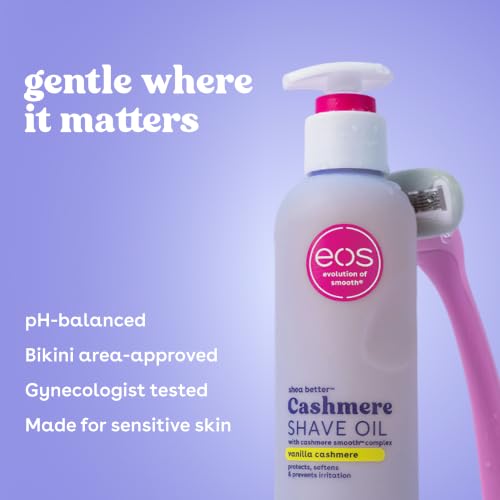 eos Vanilla Cashmere Shave Oil- Moisturizing Natural Shea Butter, 6 fl oz | Blend of Shea, Cocoa, & Argan Butters & Oils, Nourishing Formula to Minimize Irritation, 100% Vegan & Cruelty-Free