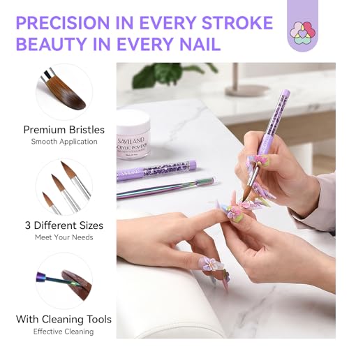 SAVILAND Kolinsky Acrylic Nail Brush Size 6,10,14 with Brush Cleaner Purple | Professional Nail Brushes, Cleaner Manicure Tool, Acrylic Brush Acrylic Powder, Nails Extension 3D Carving for Nail Art DIY