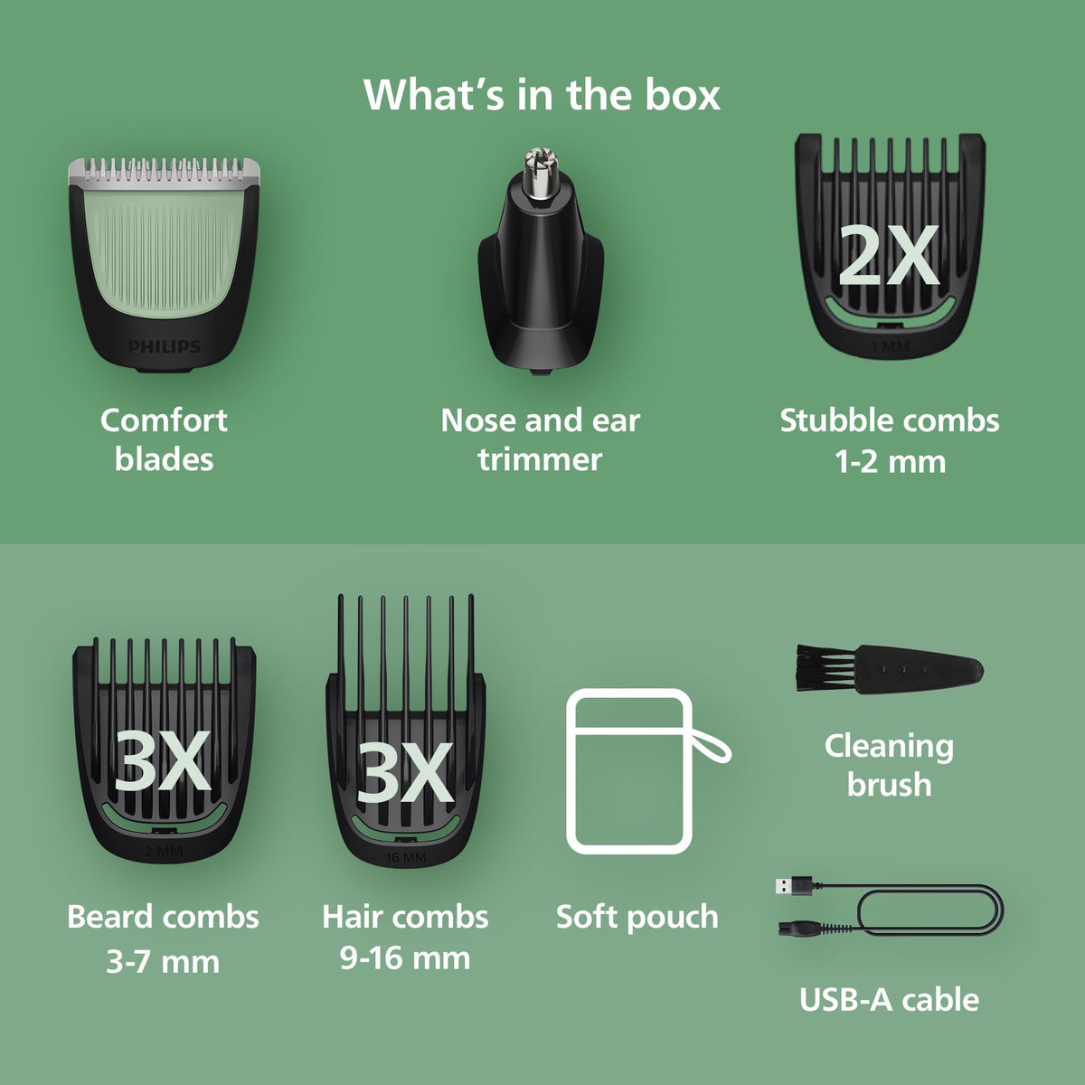 Philips Norelco All-in-One 3000 13-in-1 Trimmer, Face & Hair, Comfort Tips | Men's Complete Grooming Kit, Comfort Blades, 9 Length Settings, Beard & Hair Styling, Nose & Ear Trimmer, 60-Minute Runtime