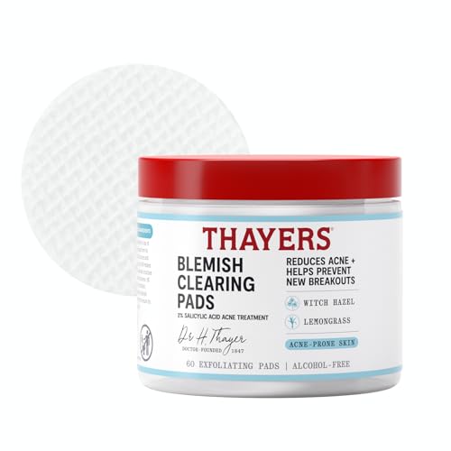 THAYERS Blemish Clearing Acne Pads, Salicylic Acid Acne Treatment, 60 Ct | Pore Reducing, Exfoliating, and Soothing Skincare, Witch Hazel Toner Pads, Help Prevent New Breakouts, Alcohol & Paraben Free