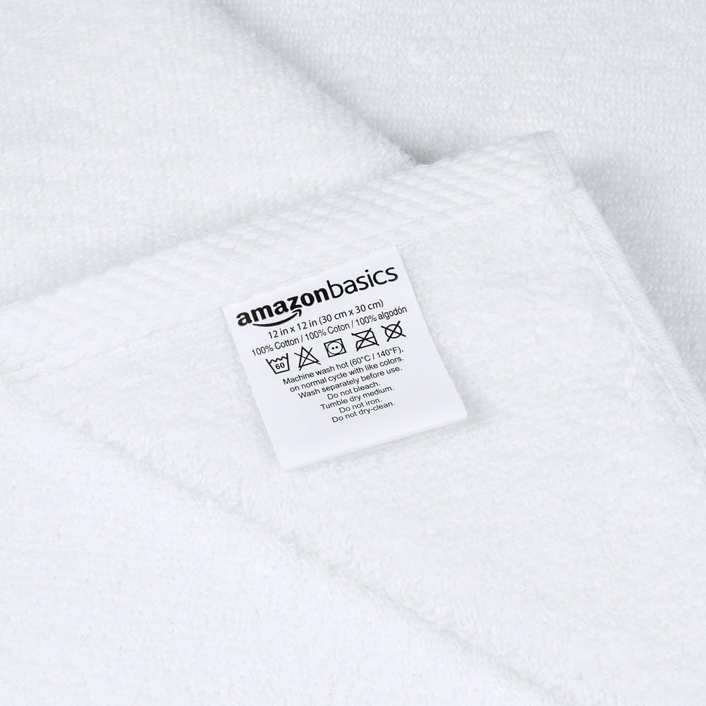 Amazon Basics Cotton Washcloths, Lightweight Quick-Dry, Absorbent Face and Body Towel Set, 12" x 12", White, 12-Pack