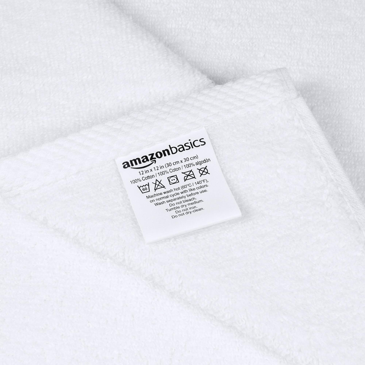Amazon Basics Cotton Washcloths, Lightweight Quick-Dry, Absorbent Face and Body Towel Set, 12" x 12", White, 12-Pack