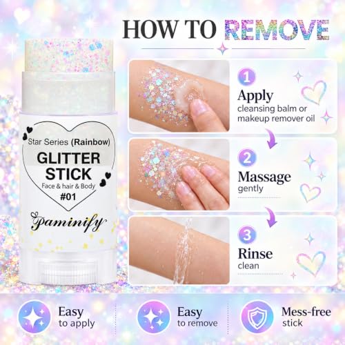 Paminify Rainbow White Hair Glitter Stick for Kids,Halloween Mermaid Costume Body Face Glitter, Singer Concert Cosplay Glitter Makeup,Waterproof Sequins Rave Outfit for Women,Mardi Gras Accessories