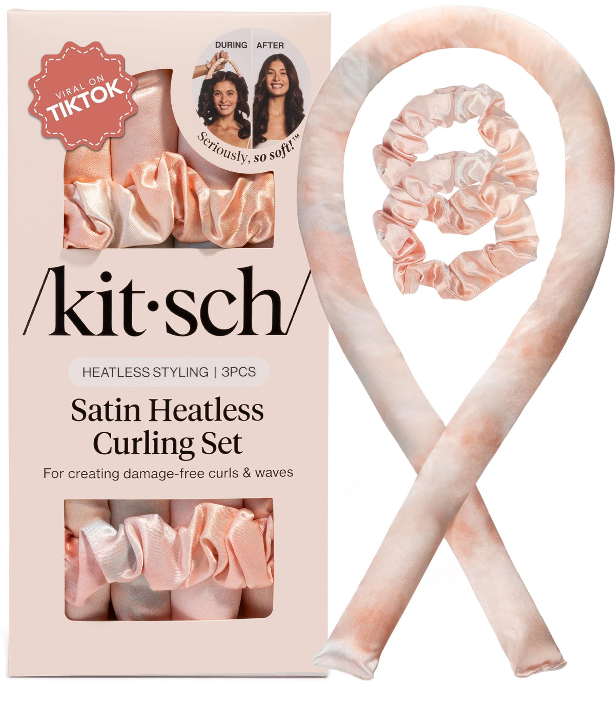 Kitsch Satin Heatless Curls Overnight Set - Sunset Tie Dye | No Heat Damage Overnight Curls | Comfortable Frizz Free Hair Curlers To Sleep In with 34" Hair Waver & 2 Satin Scrunchies