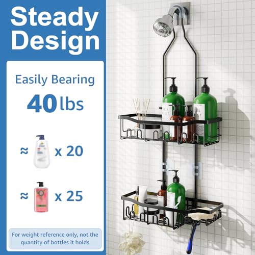 Joqixon Upgraded Extended Length Shower Organizer with Hooks, Rustproof Shampoo Soap Holder, Large Hanging Bathroom Caddy