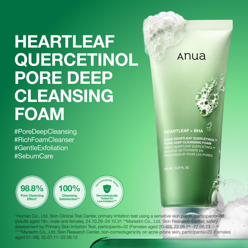 Anua Heartleaf Quercetinol Pore Deep Cleansing Foam, 5.07 fl.oz | Face wash for Pore Refining Cleanser, Hydrating Daily Cleanser for Double Cleansing, Gentle Foaming with BHA, Korean Skincare