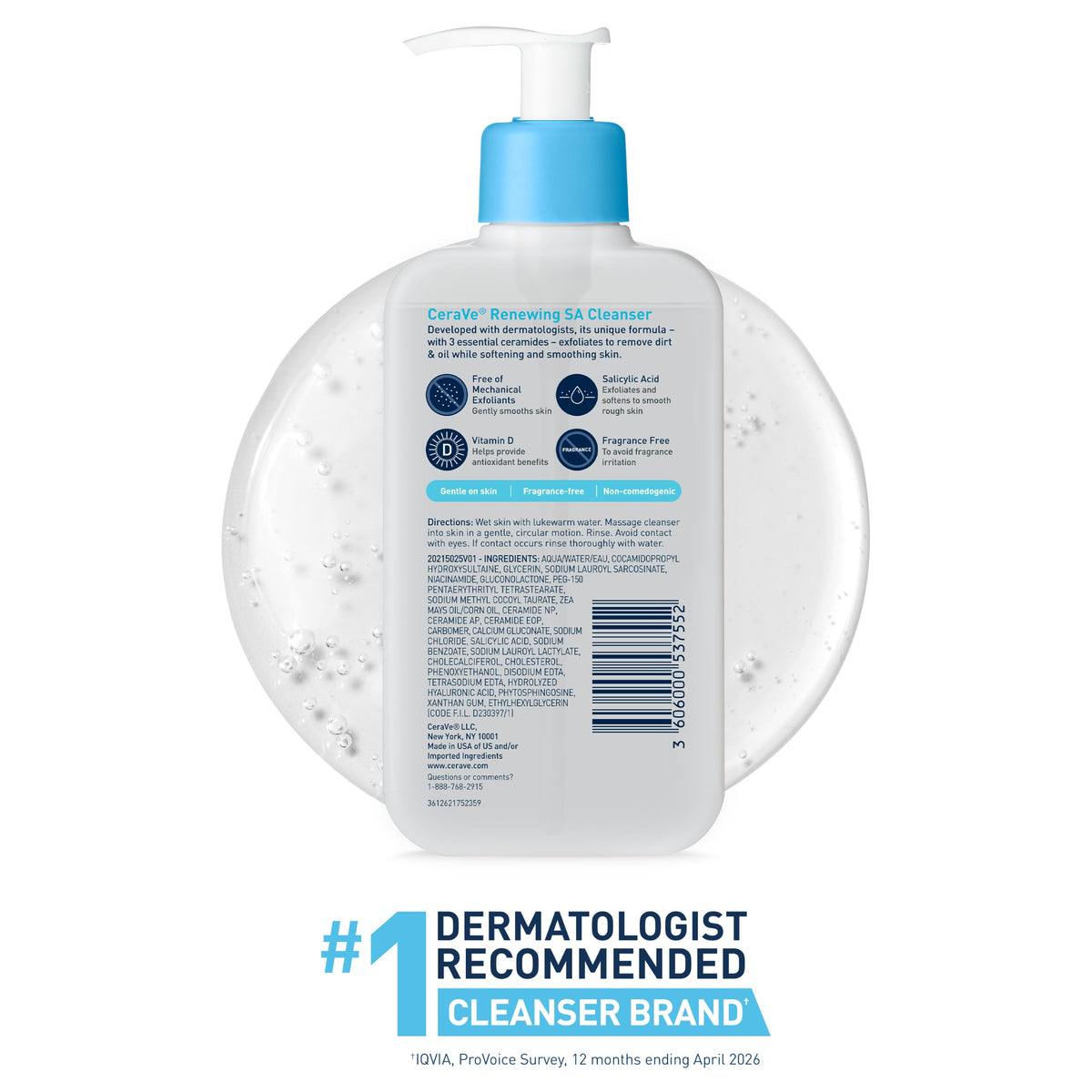 CeraVe Renewing Salicylic Acid Cleanser, Gentle Exfoliating Face Wash, 16oz | Skin Care with Hyaluronic Acid & Niacinamide, Facial Cleanser, Face Cleanser, Ceramides, Fragrance Free, Non-Comedogenic