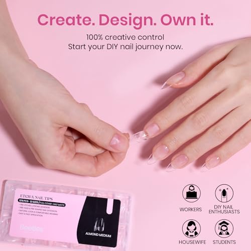 Beetles Medium Almond Nail Tips 576pcs 12 Sizes Pre-Etched Soft Gel Tips | Half Matte Full Cover Press on False Nail Tips Acrylic Nails DIY Extension Gift for Women