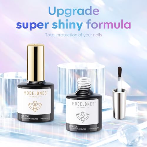 modelones Gel Top Base Coat Set 15ml 2026 Upgrade No Wipe Super Shine | Clear Glossy Gel Polish Acid Free Shiny for Press Ons Acrylic Gel Nail Art Soak Off U V Lamp Cure DIY Home Salon Manicure