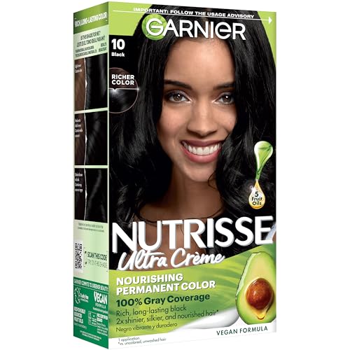 Garnier Nutrisse Ultra Crème Hair Color, 10 Black, 1 Count | Permanent Hair Dye with 100% Gray Coverage, 5-Fruit Oil Nourishing System, Rich, Vibrant Color, Vegan & Cruelty Free