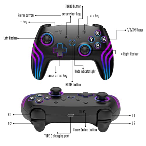 MYSTILUCK Wireless Pro Controller for Switch/Switch 2/Lite/OLED/PC | Gamepad with 7 Color-Changing RGB Lighting/Dual Vibration/6-Axis Gyroscope/Turbo, Ergonomically Designed Precise Joystick