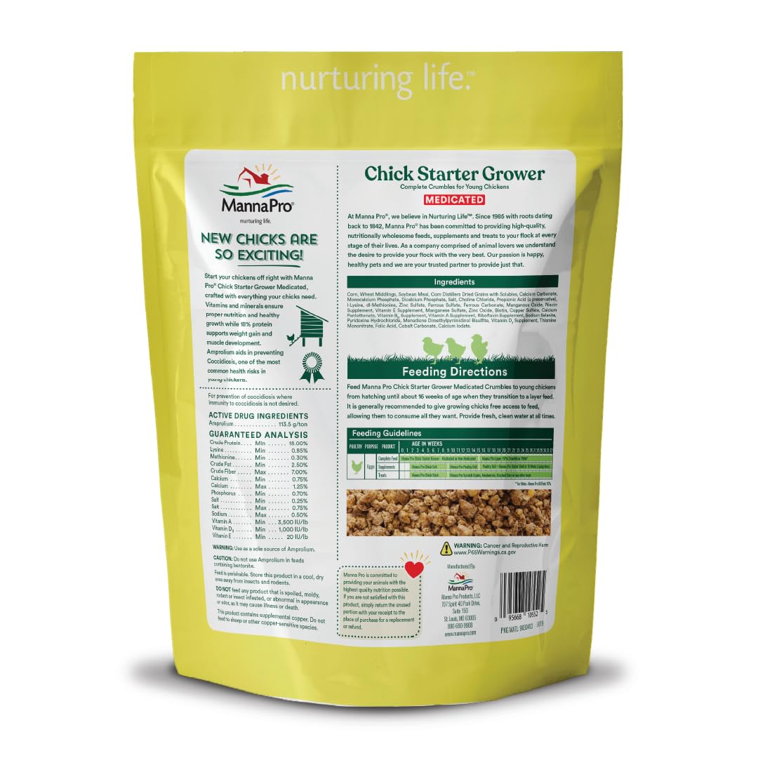 Manna Pro Medicated Chick Starter Grower Feed, Amprolium & Protein, 5 lb | Complete Chick Feed Crumbles, Amprolium for Coccidiosis Prevention, High Protein Nutrition for Growing Chicks, Made in USA