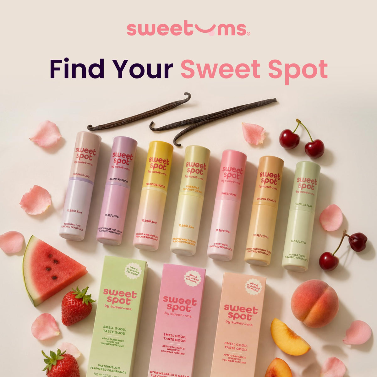 Sweetums SweetSpot Portable Strawberries & Cream Perfume Stick | Flavored, long lasting non sticky formula with natural ingredients, portable solid fragrance stick for women's everyday use