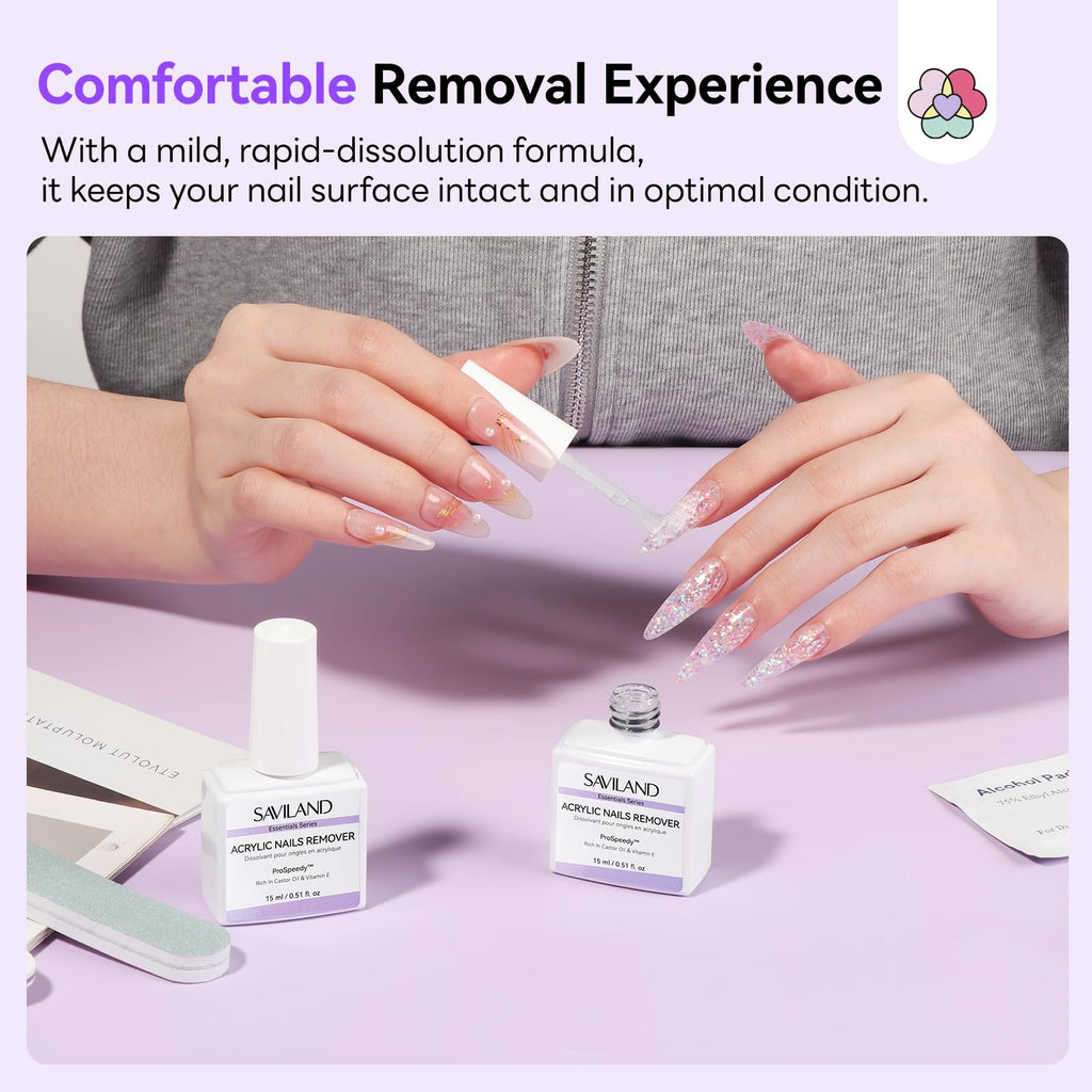 SAVILAND 2 Pcs Gentle Acrylic Nail Remover Kit Set for Acrylic Nails | No soaking, No wrapping, Cuticle Oil & Nail File Tools, Zero Residue, Remove Dip Nails Gel Nail Polish, Home Salon Use