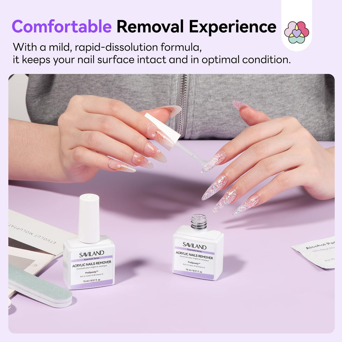 SAVILAND 2 Pcs Gentle Acrylic Nail Remover Kit Set for Acrylic Nails | No soaking, No wrapping, Cuticle Oil & Nail File Tools, Zero Residue, Remove Dip Nails Gel Nail Polish, Home Salon Use
