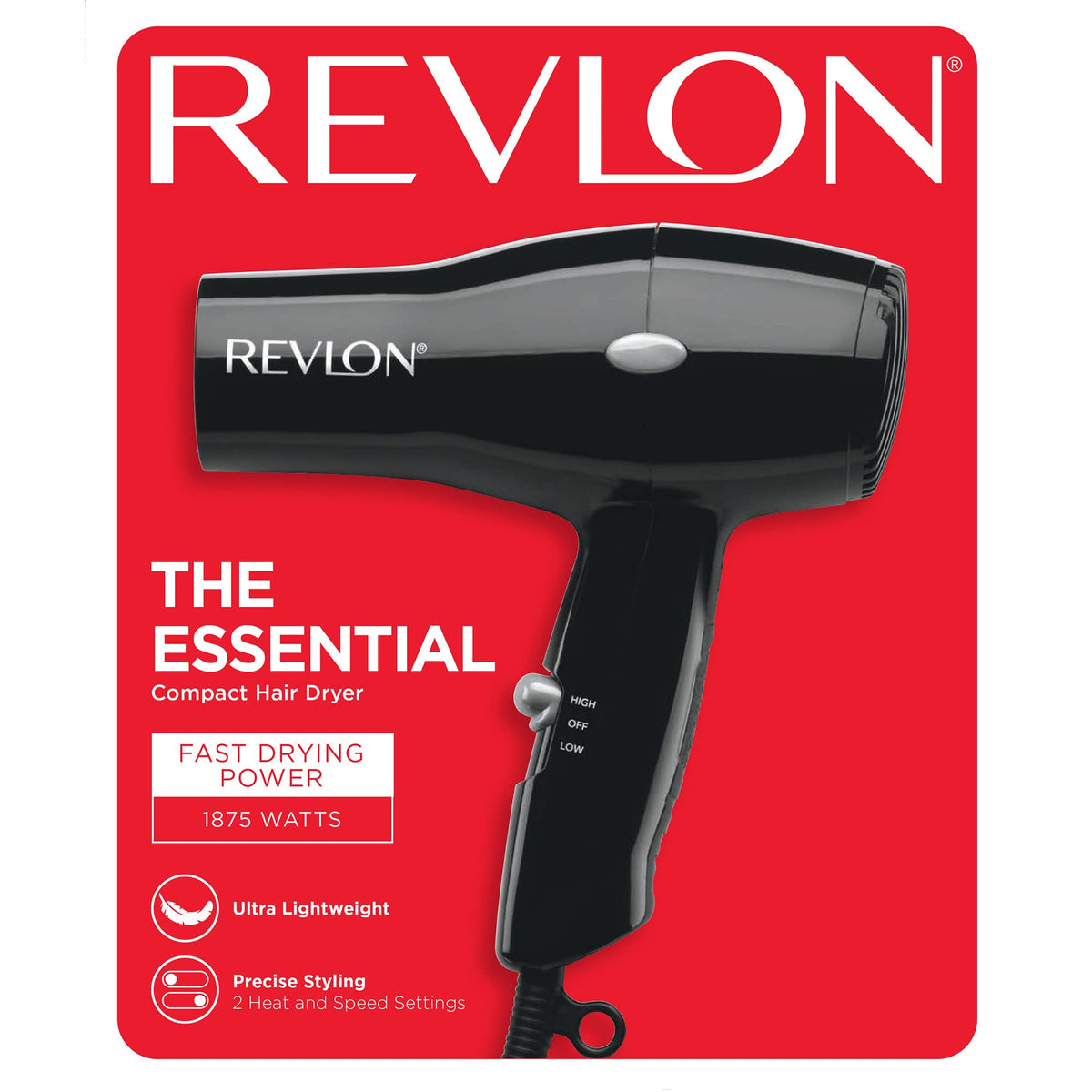 Revlon Compact Hair Dryer | 1875W Lightweight Design, Perfect for Travel, (Black)