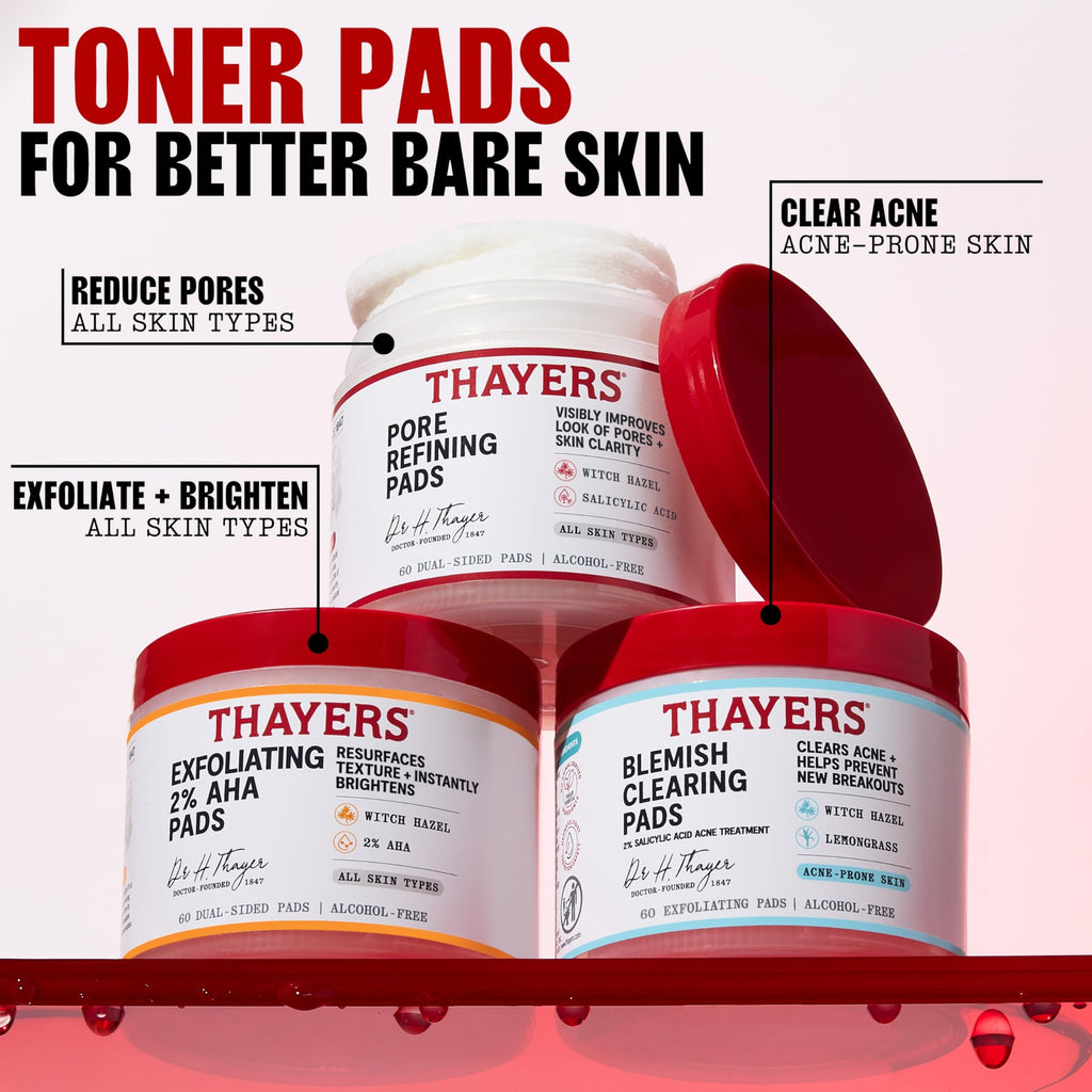 THAYERS Blemish Clearing Acne Pads, Salicylic Acid Acne Treatment, 60 Ct | Pore Reducing, Exfoliating, and Soothing Skincare, Witch Hazel Toner Pads, Help Prevent New Breakouts, Alcohol & Paraben Free