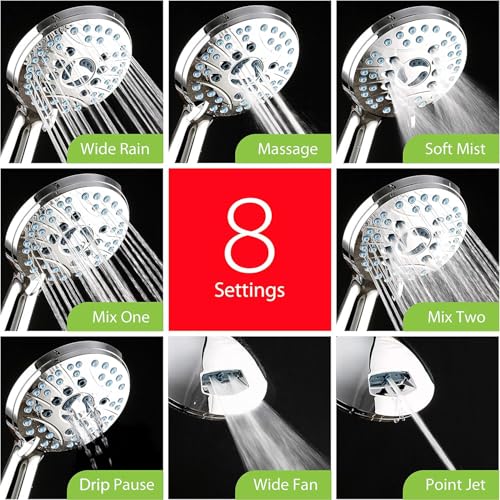 AquaCare 8-mode High Pressure Handheld Shower Head with 2-mode Power Wash | Stay Clean Nozzles, Dual Power Wash for Tub, Tile & Pets, Long 6 ft. Stainless Steel Hose, Wall & Overhead Brackets / Chrome
