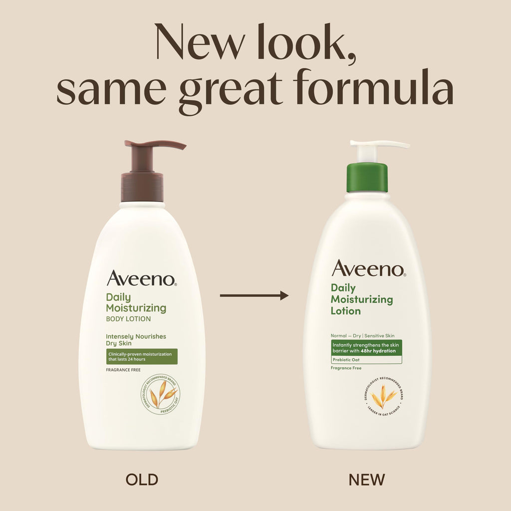 Aveeno Daily Moisturizing Body Lotion, Fragrance-Free, 18 fl. oz | Daily Moisturizing Body Lotion for Normal to Dry Skin, Soothing Prebiotic Oat, Non-Greasy Formula, Non-Comedogenic