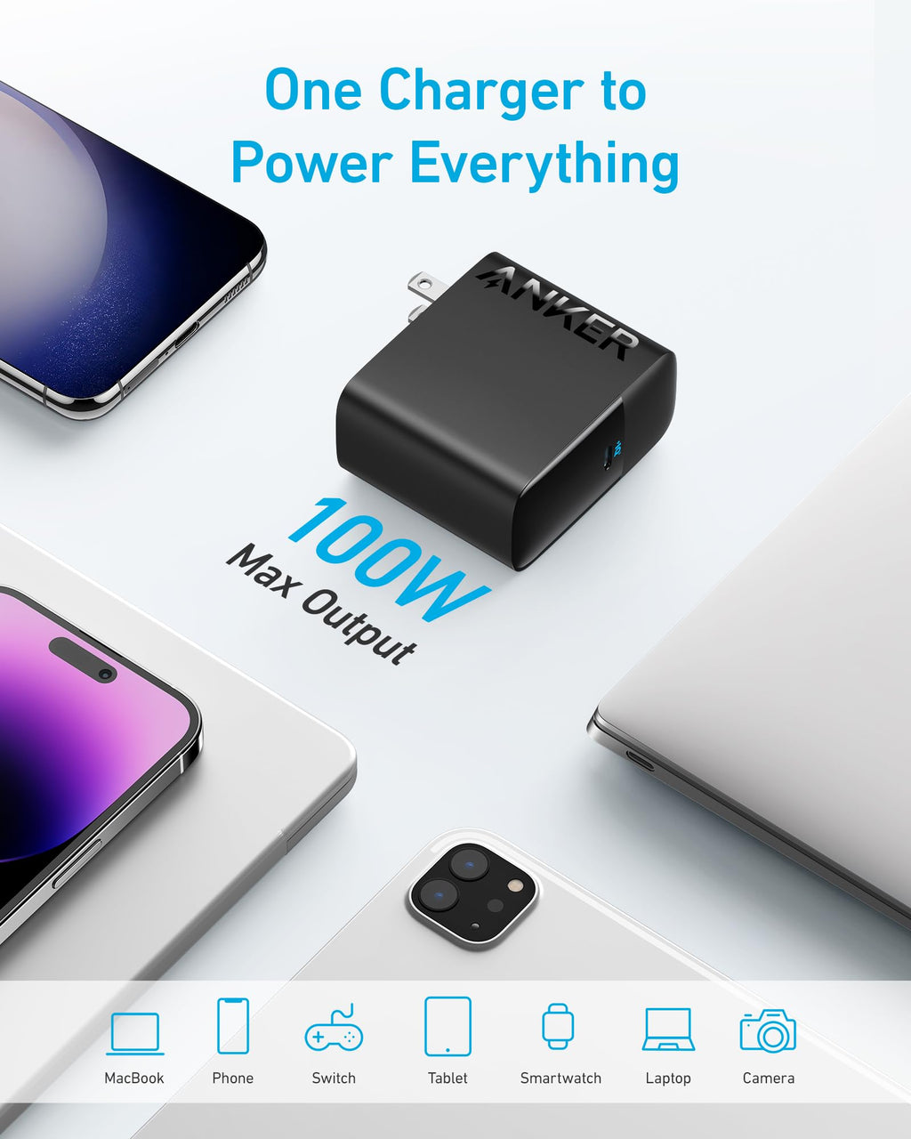 Anker Laptop Charger, Compact Foldable 100W USB C Charger with 5FT Cable | High-Speed for MacBook Pro/Air, Samsung Galaxy, iPhone 18 Pro/17/16, iPad Pro, and More