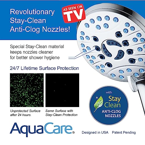AquaCare 8-mode High Pressure Handheld Shower Head with 2-mode Power Wash | Stay Clean Nozzles, Dual Power Wash for Tub, Tile & Pets, Long 6 ft. Stainless Steel Hose, Wall & Overhead Brackets / Chrome