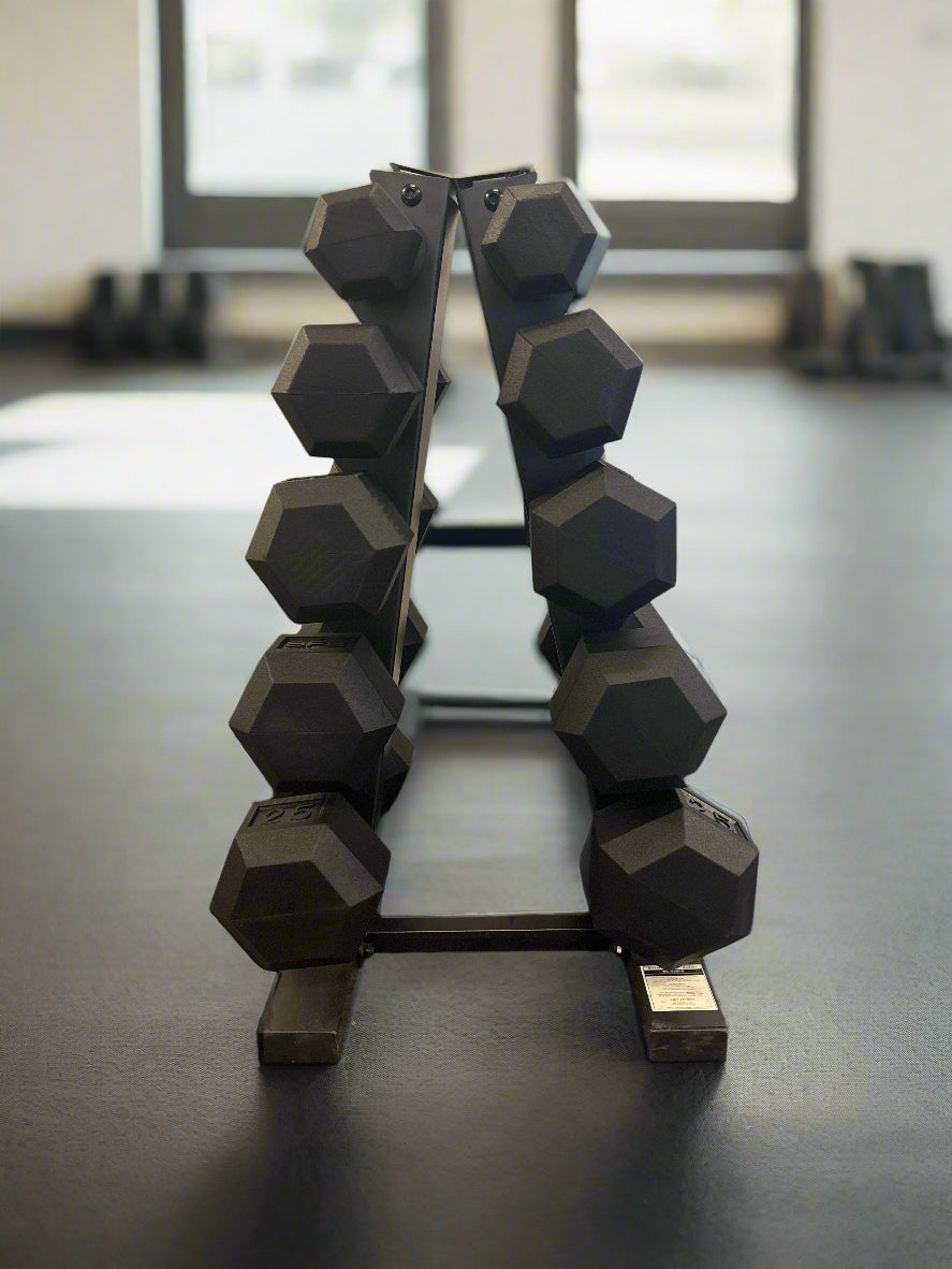 SFE 5-25LB Rubber Hex Dumbbell Set w/ A-Frame Rack (New)