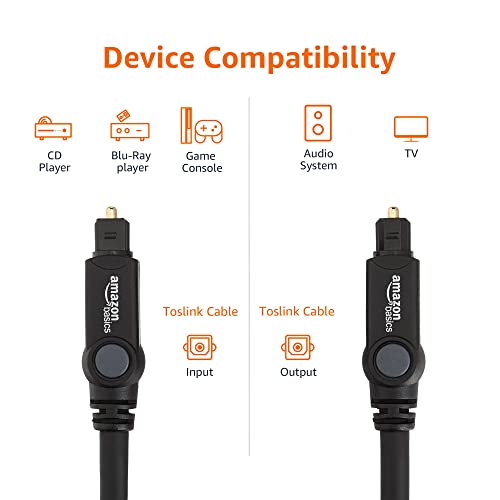 Amazon Basics Toslink Digital Optical Audio Fiber Optic Cable, Multi-Channel, for Sound Bar, Audio System, Home Theatre, Game Console, Blu-Ray Player, Gold-Plated Connectors, 6 Foot, Black