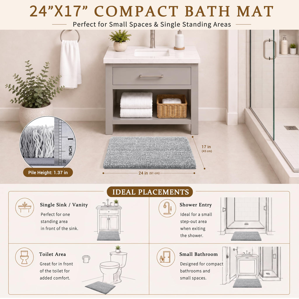 Yimobra Bathroom Rugs Non Slip Washable, Ultra Soft and Water Absorbent Bath Mats, Fluffy Shower Mat Outside, Plush Matts for Bathroom Floor/Sink, 24X17, Home Decor Accessories, Light Gray and White