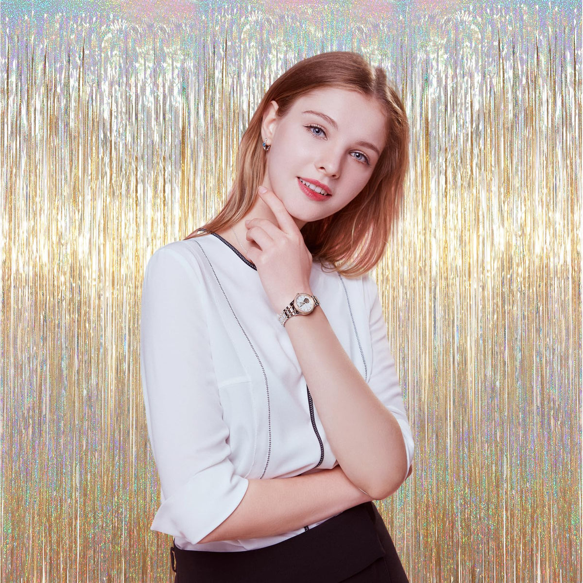 Voircoloria Champagne Foil Fringe Backdrop Curtains, 3.3x6.6ft, 3pcs | Tinsel Streamers, Birthday Party Decorations, Baby Shower, Gender Reveal, Graduation