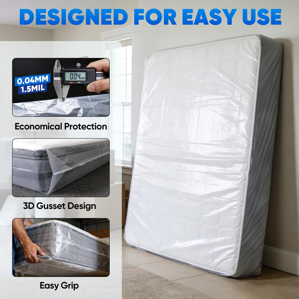 TICONN 2PK Plastic Mattress Bags for Moving, Waterproof Mattress Cover | 1.5 Mil 103"x62"x16", 3D Gusset Design, Tear Resistant & Dust Protection Mattress Protector for Moving and Storage