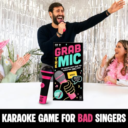 Grab The Mic - Award Winning Karaoke Party Game for Bad Singers w Foam Mic | 120 Word Cards (250 Words), 2-12 Players for Ages 8+. Perfect For Family Game Night, Birthdays & Sing-Off Parties.