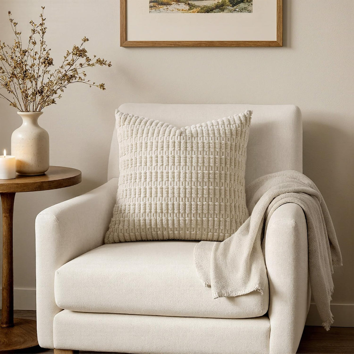 MIULEE Corduroy Decorative Throw Pillow Covers 18x18 Cream White Pack of 2 | Soft Boho Striped Pillow Covers Modern Farmhouse Home Decor For Sofa Living Room Couch Bed
