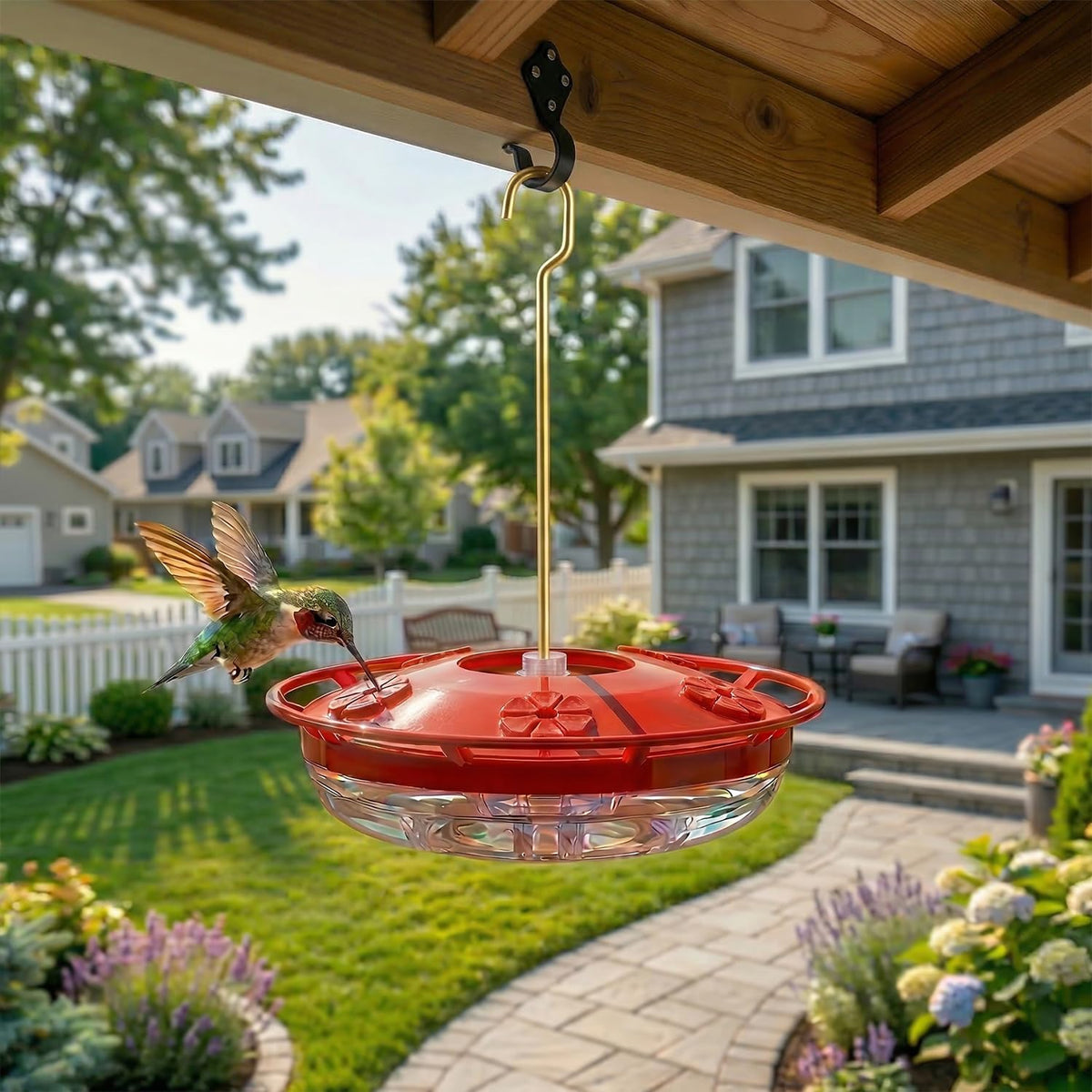 eWonLife 2 Pack 16 oz Saucer Hummingbird Feeders for Outdoors, Garden Decor | Built-in Ant Moat, 5 Bee Proof Feeding Ports, BFA Free Plastic, Easy Clean, Leak-Proof Dish-Style