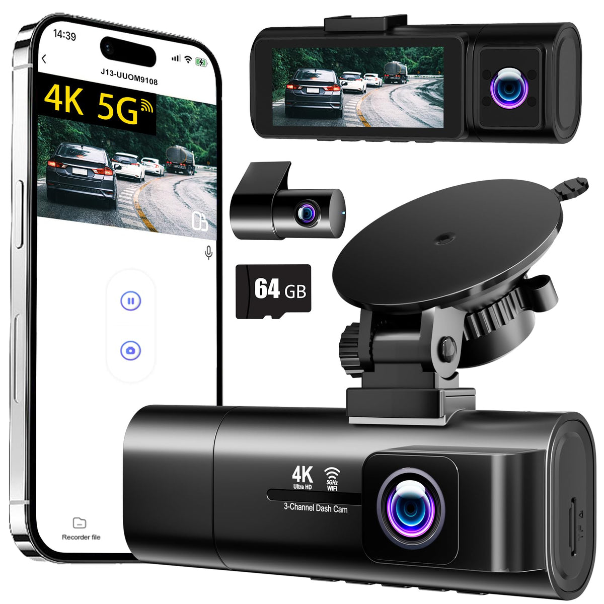 4K Dash Cam Front and Rear Inside,3.16" IPS,3 Channel Dash Cam for Car with 5G WiFi,Free 64GB Card,170° Wide Angle,Loop Recording,G-Sensor,WDR,Night Vision,Time-Lapse,24H Parking Monitor