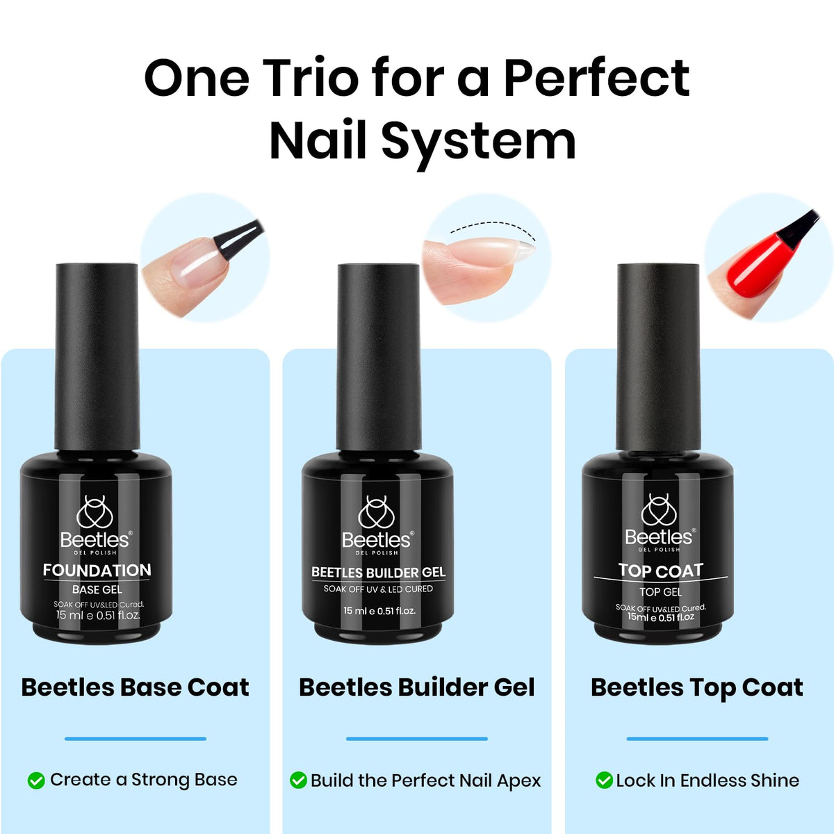 Beetles Builder Gel for Nails with Gel Base and Top Coat Set 3Pcs | 3-Step Clear Builder Nail System for Nail Overlay, Strengthening and Apex Building, UV Lamp Cured