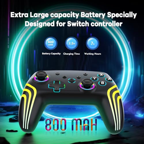 MYSTILUCK Wireless Pro Controller for Switch/Switch 2/Lite/OLED/PC | Gamepad with 7 Color-Changing RGB Lighting/Dual Vibration/6-Axis Gyroscope/Turbo, Ergonomically Designed Precise Joystick