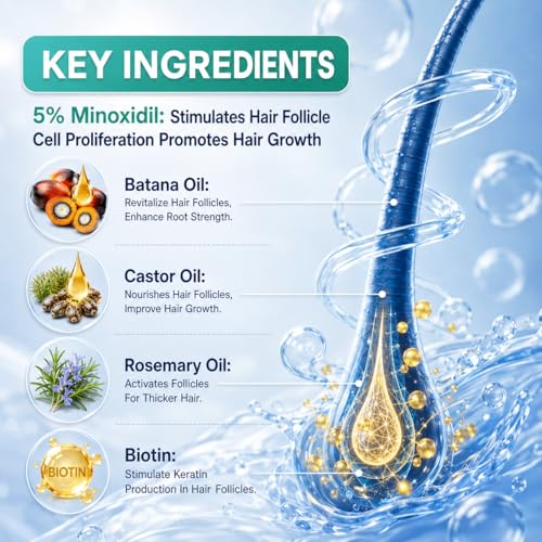Minoxidil for Men and Women, Hair Growth Serum with Biotin, Rosemary and Batana for Hair Beard Regrowth Treatments Extra Strength Hair Loss Solution, Clinically Proven to Regrow Thicker, 60ML