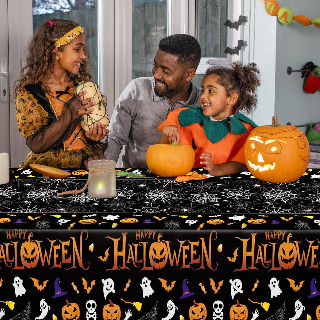 4 Pack Halloween Tablecloth 54 x 108 Inch Pumpkin Spider Web Table Cover | Disposable PE3 Plastic Tablecloth, Waterproof Tablecover for 6-8 Foot Tables, Halloween Pumpkin Decorations Party Tableware