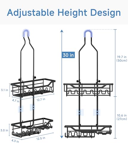 Joqixon Upgraded Extended Length Shower Organizer with Hooks, Rustproof Shampoo Soap Holder, Large Hanging Bathroom Caddy
