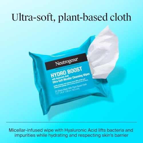 Neutrogena Hydro Boost Cleansing Wipes Makeup Remover, 25 Ct | Micellar Cleansing Cloths, Gently Removes Oil, Dirt, Waterproof Makeup, Hydrating Hyaluronic Acid
