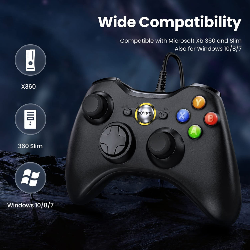 VOYEE PC Controller, Wired Compatible with Xbox 360 & Slim/Windows 10/8/7 | Upgraded Joystick, 7.2ft Cord, Ergonomic Grips, Double Shock | Enhanced (Black)