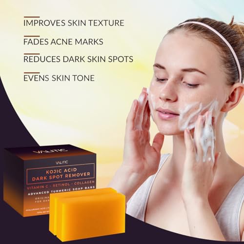 VALITIC Kojic Acid Dark Spot Remover Soap Bars, Turmeric Bar Soaps 2 Pack | Original Face and Body Wash Bath Soap for Women and Men with Vitamin C, Retinol, Collagen, Hyaluronic Acid, Shea, Olive Oil